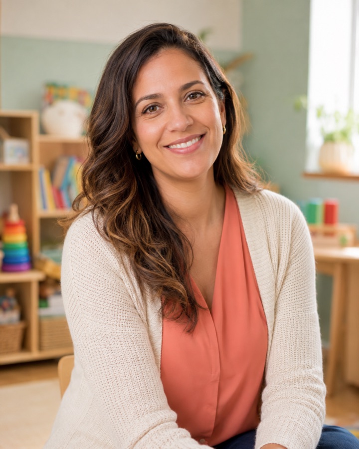 Dra. Marina Prado, fonoaudióloga, sorrindo em seu consultório infantil acolhedor