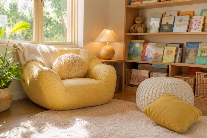Cantinho de leitura aconchegante com livros infantis