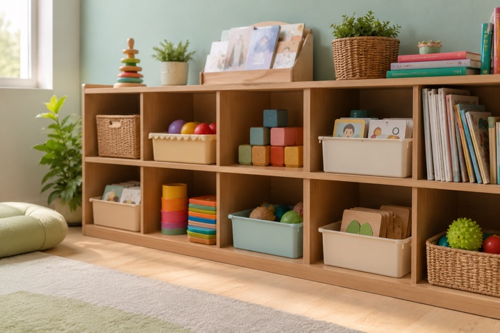 Prateleira com brinquedos terapêuticos organizados por cor