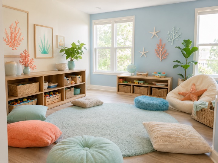 Sala lúdica com tapete redondo, almofadas coloridas e prateleiras de brinquedos